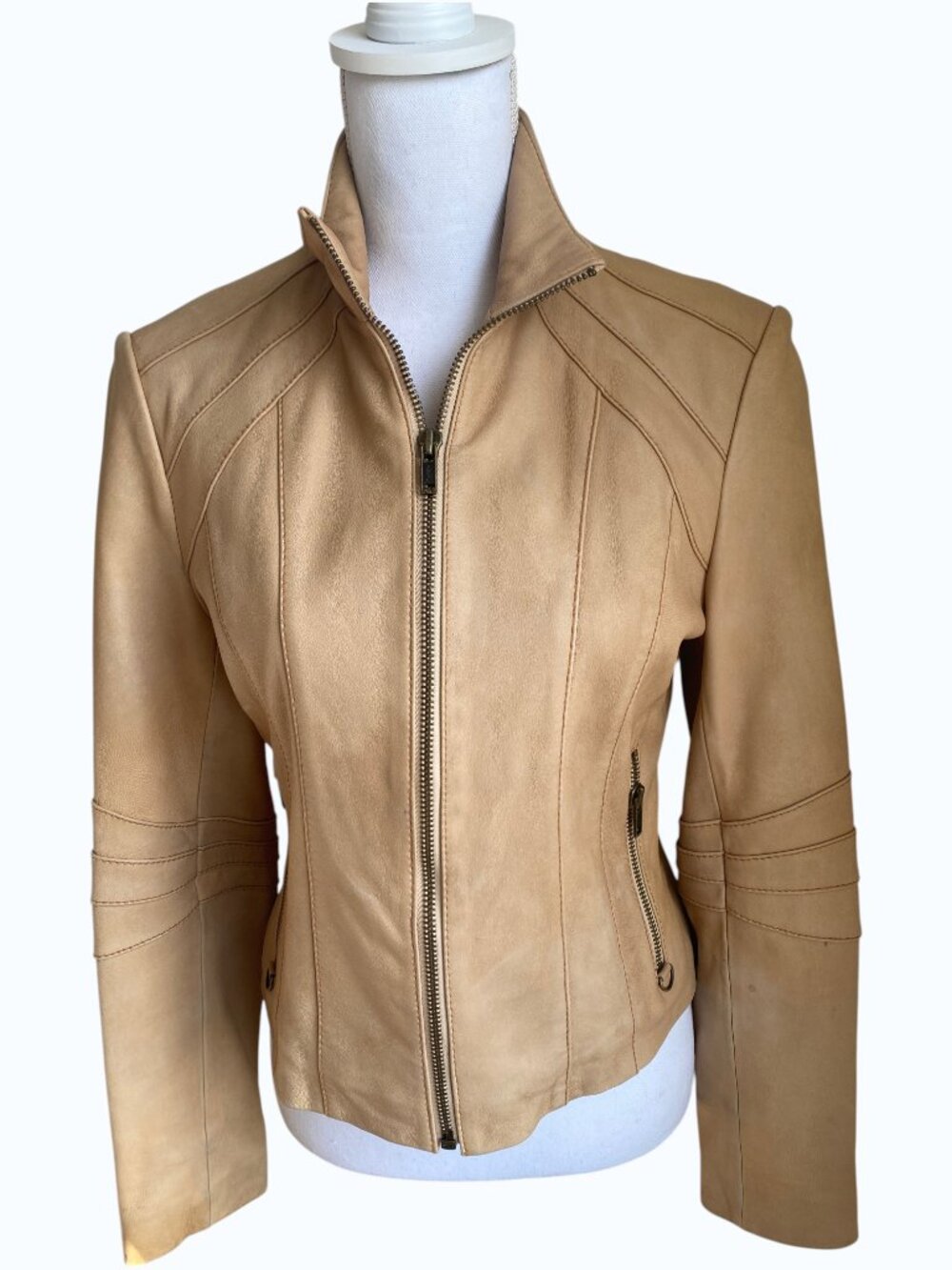 Wilsons Leather Tan Fitted Moto Jacket Medium Genuine Leather Jacket Y2K